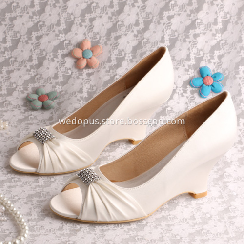 Peep Toe Wedding Wedge Heel Navy Satin Shoes